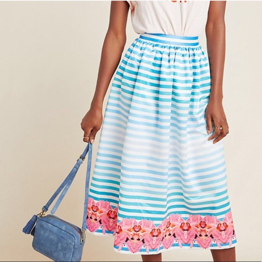 Anthropologie Seraphina Striped Midi Skirt Flamingo Summer Size 0 New with tags
